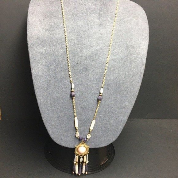 Medallion Pendant Dangle Necklace Gold Chain Purple Peach Cream Retro BoHo - Picture 2 of 8